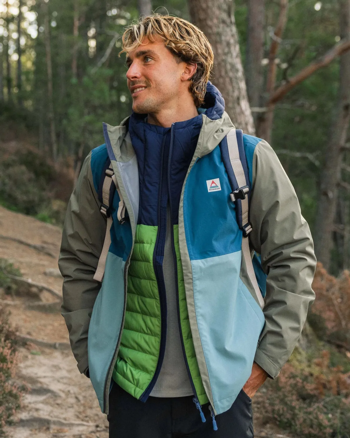 Jackets|Outdoor Active|Passenger Downpour Recycled Waterproof Jacket - Tidal Blue/Arctic/Dusty Olive TidalBlue/Arctic/DustyOlive
