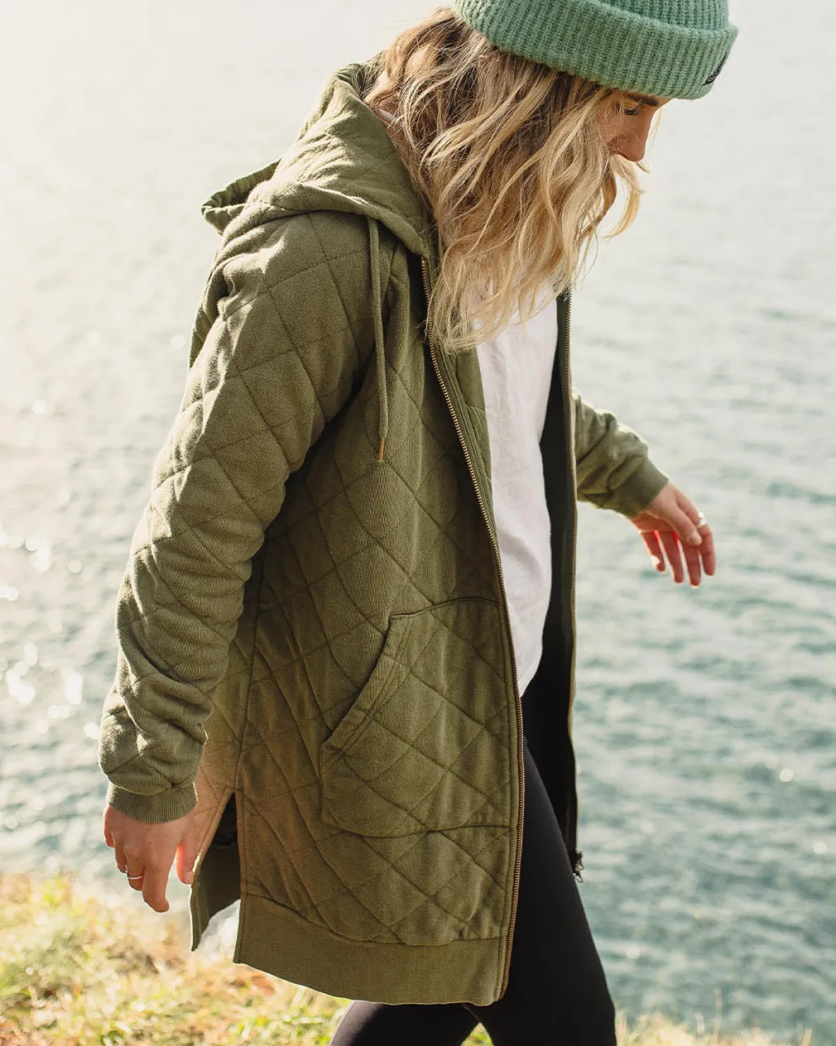 Hoodies|Hoodies & Sweatshirts|Passenger Getaway Recycled Quilted Full Zip Hoodie - Khaki Green KhakiGreen