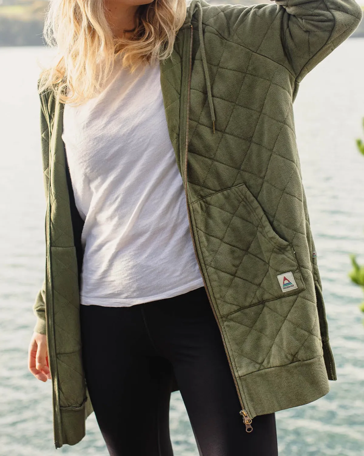 Hoodies|Hoodies & Sweatshirts|Passenger Getaway Recycled Quilted Full Zip Hoodie - Khaki Green KhakiGreen
