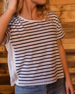 T-Shirts & Tank Tops|Tops & T-Shirts|Passenger Magnolia Recycled Cotton Crochet Trim T-Shirt - Navy Stripe NavyStripe