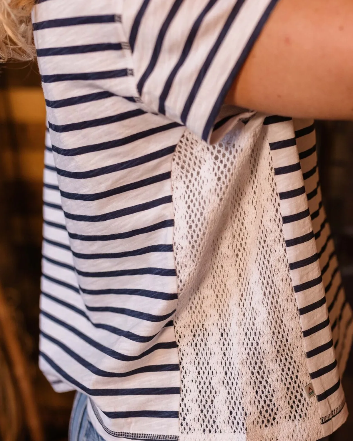 T-Shirts & Tank Tops|Tops & T-Shirts|Passenger Magnolia Recycled Cotton Crochet Trim T-Shirt - Navy Stripe NavyStripe