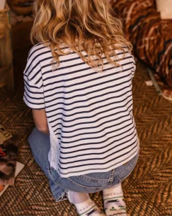 T-Shirts & Tank Tops|Tops & T-Shirts|Passenger Magnolia Recycled Cotton Crochet Trim T-Shirt - Navy Stripe NavyStripe