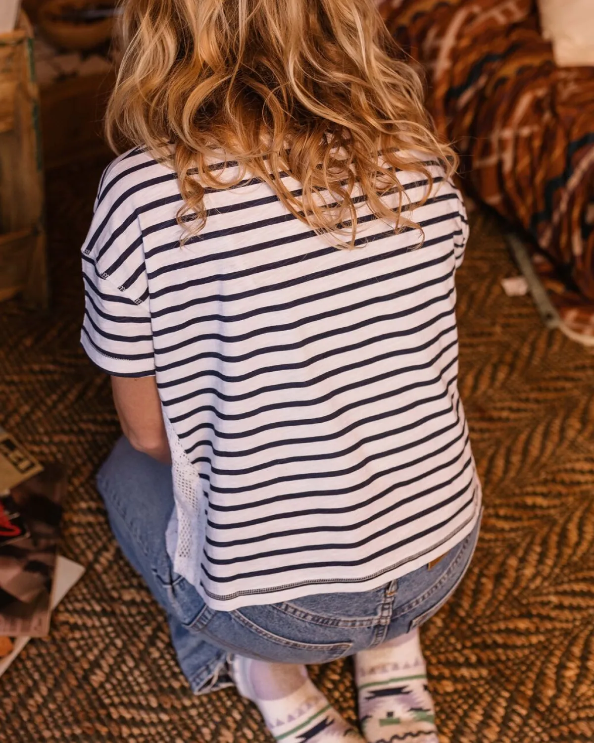 T-Shirts & Tank Tops|Tops & T-Shirts|Passenger Magnolia Recycled Cotton Crochet Trim T-Shirt - Navy Stripe NavyStripe