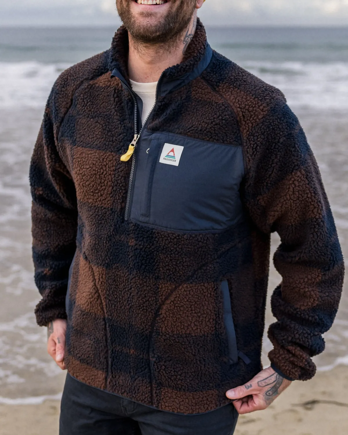 Fleece|Fleece|Passenger Offroad Recycled Sherpa Half Zip Fleece - Chestnut/Deep Navy Check Chestnut/DeepNavyCheck