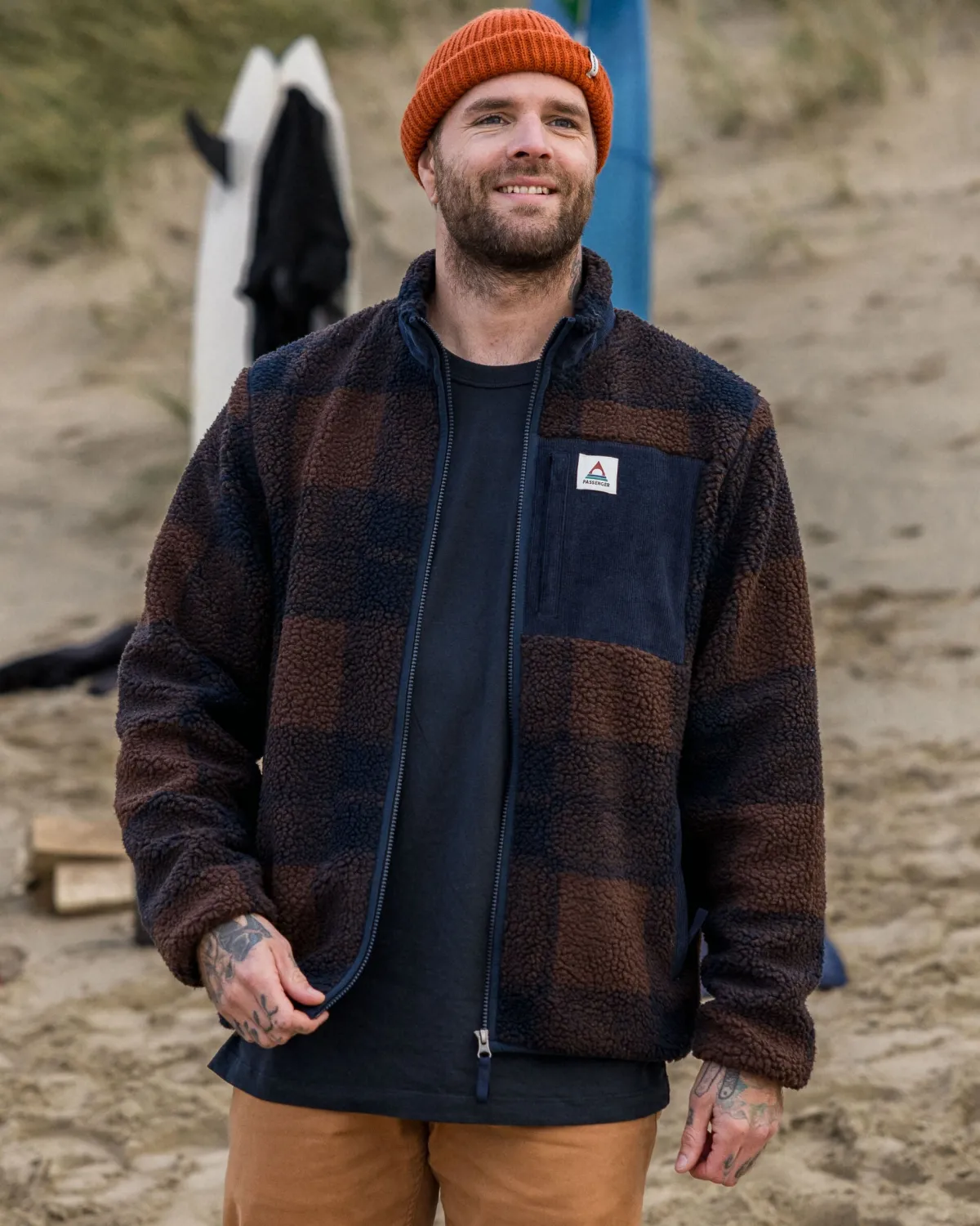 Fleece|Fleece|Passenger Trekker Recycled Deep-Pile Sherpa Fleece - Chestnut/Deep Navy Check Chestnut/DeepNavyCheck