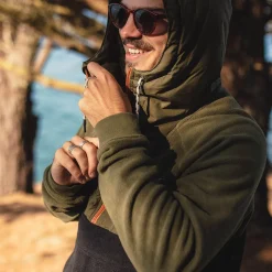 Fleece|Fleece|Passenger Woodland Hooded Half Zip Recycled Polar Fleece - True Black/ Khaki Green TrueBlack/KhakiGreen
